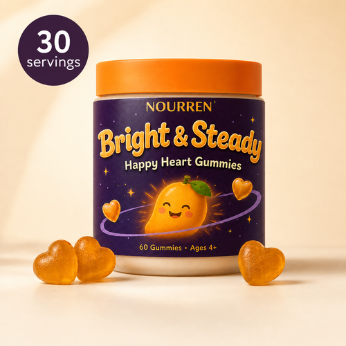 Nourren Bright and Steady bottle with 30 servings and golden heart gummies