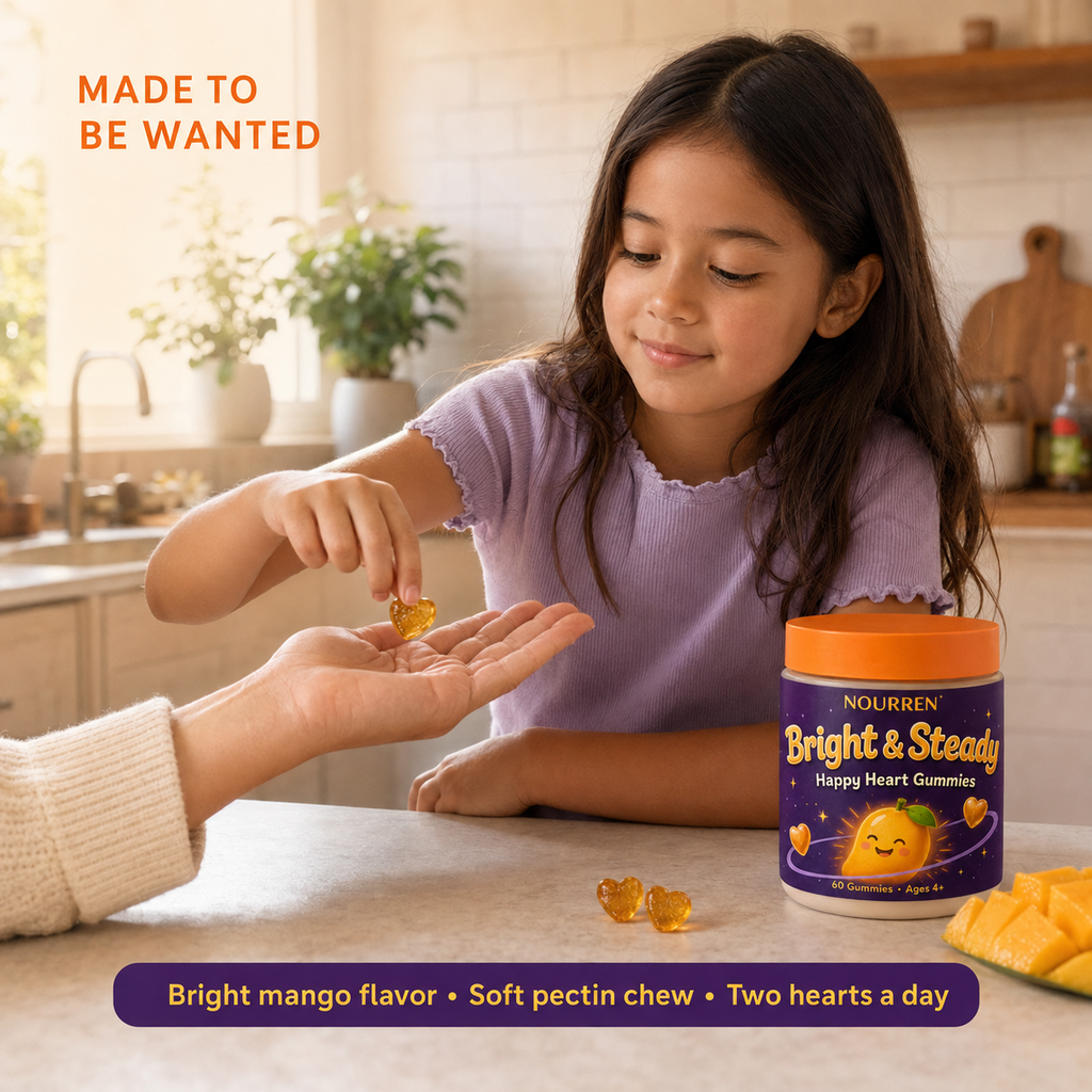 Child willingly taking a golden heart Bright and Steady gummy