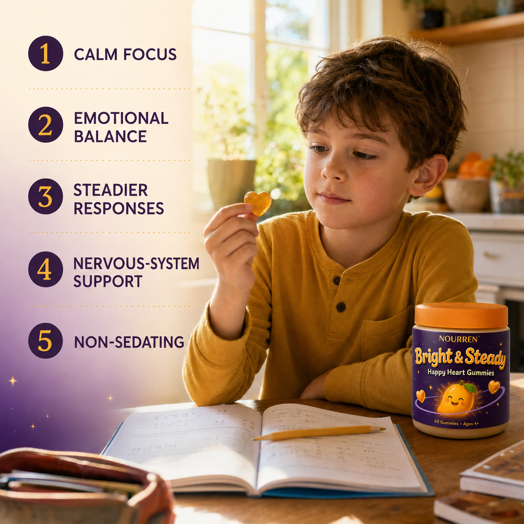 Child holding a Bright and Steady gummy with five support benefits
