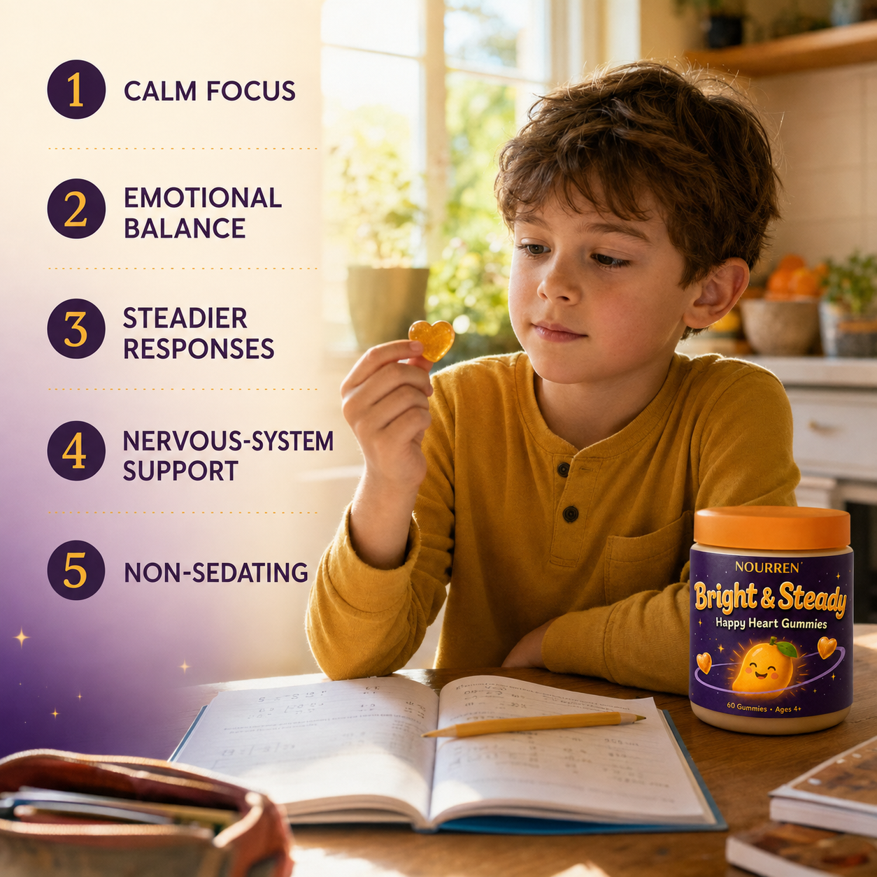 Child holding a Bright and Steady gummy with five support benefits