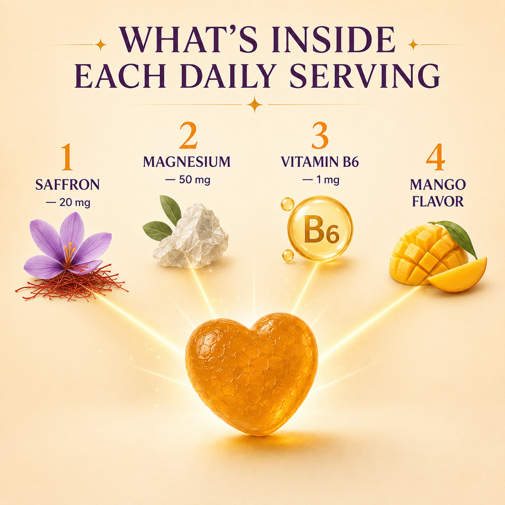 Bright and Steady daily serving with saffron magnesium vitamin B6 and mango flavor