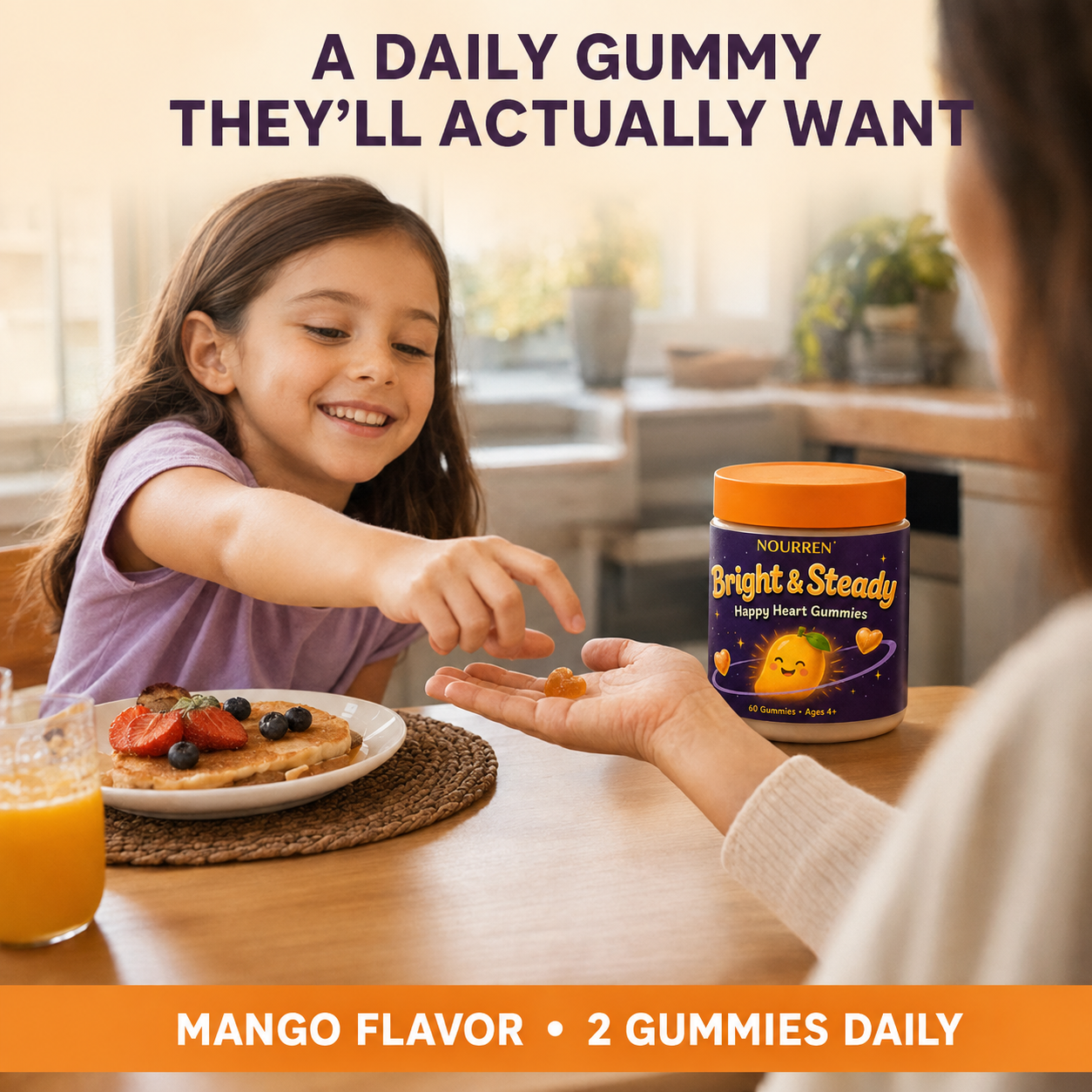 Child taking a mango-flavored Bright and Steady gummy at breakfast